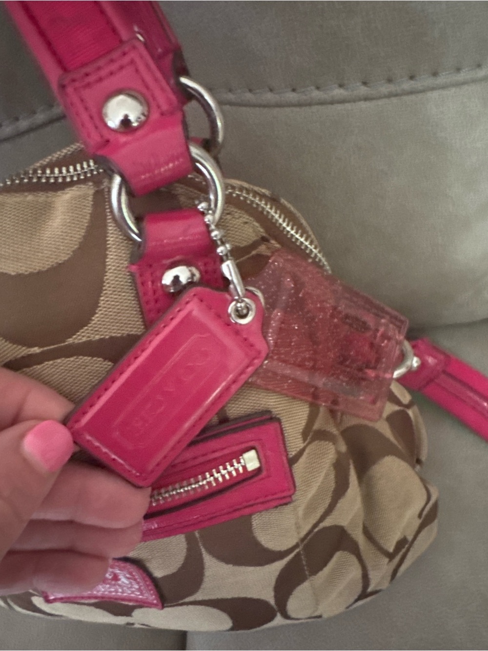 Coach Signature Khaki Pink Patent Satchel Crossbody Bag - Picture 4 of 7